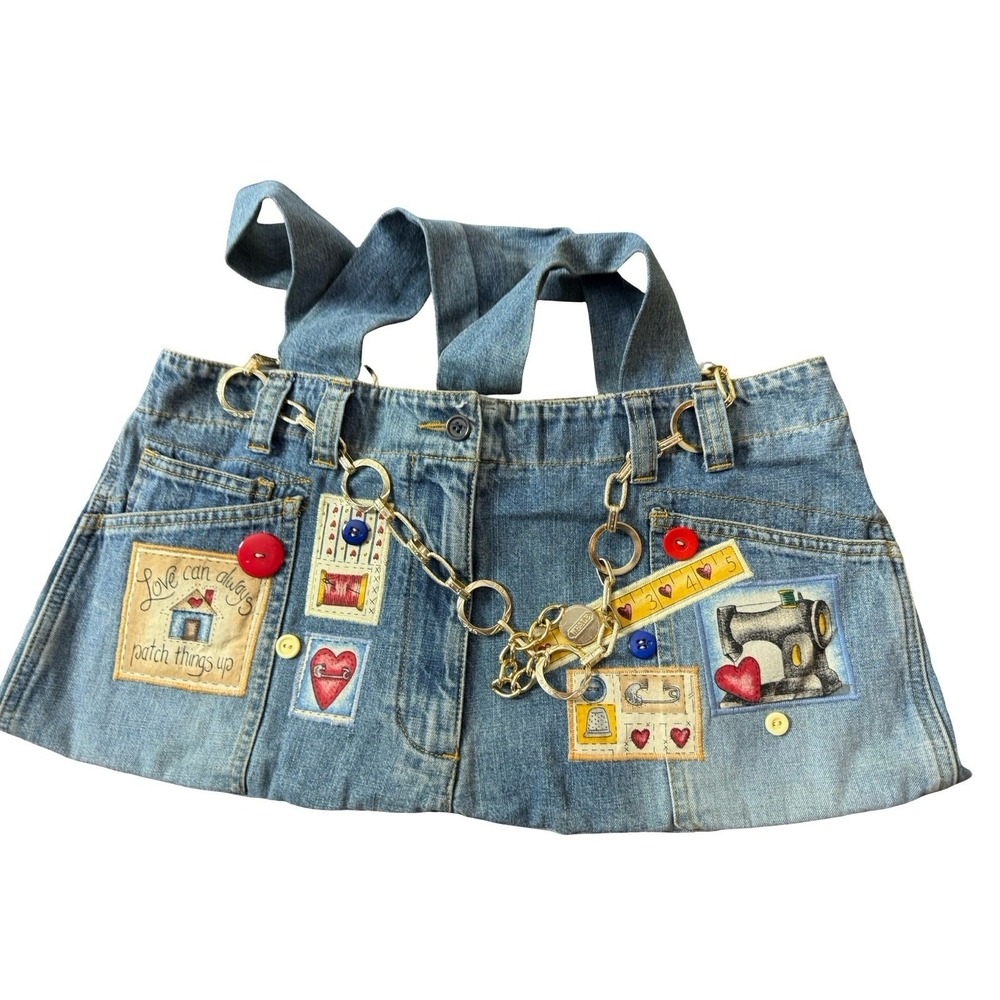 Recycled Handmade DENIM JEANS POCKET PURSE Bag Tote Blue scappy‎ scrap book